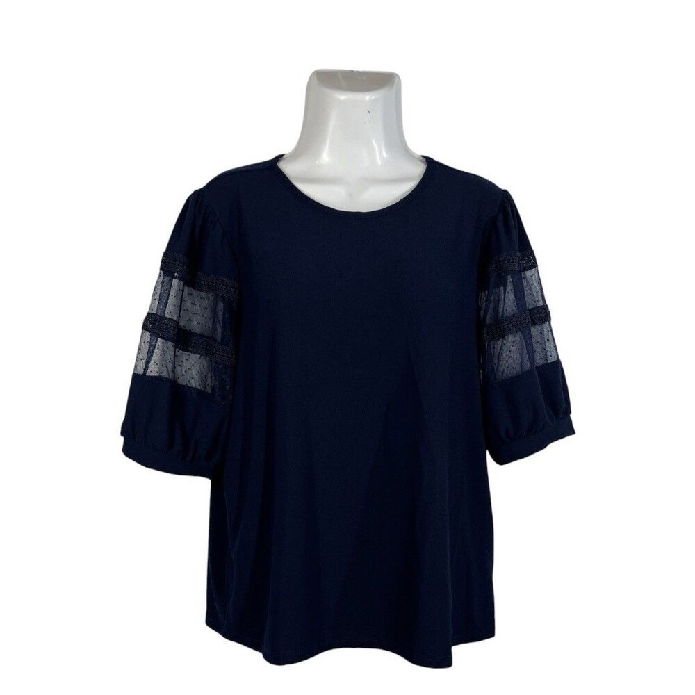 Love Scarlett Sheer Puff Sleeve Top XL Navy Blue Round Neck Boho Career Blouse